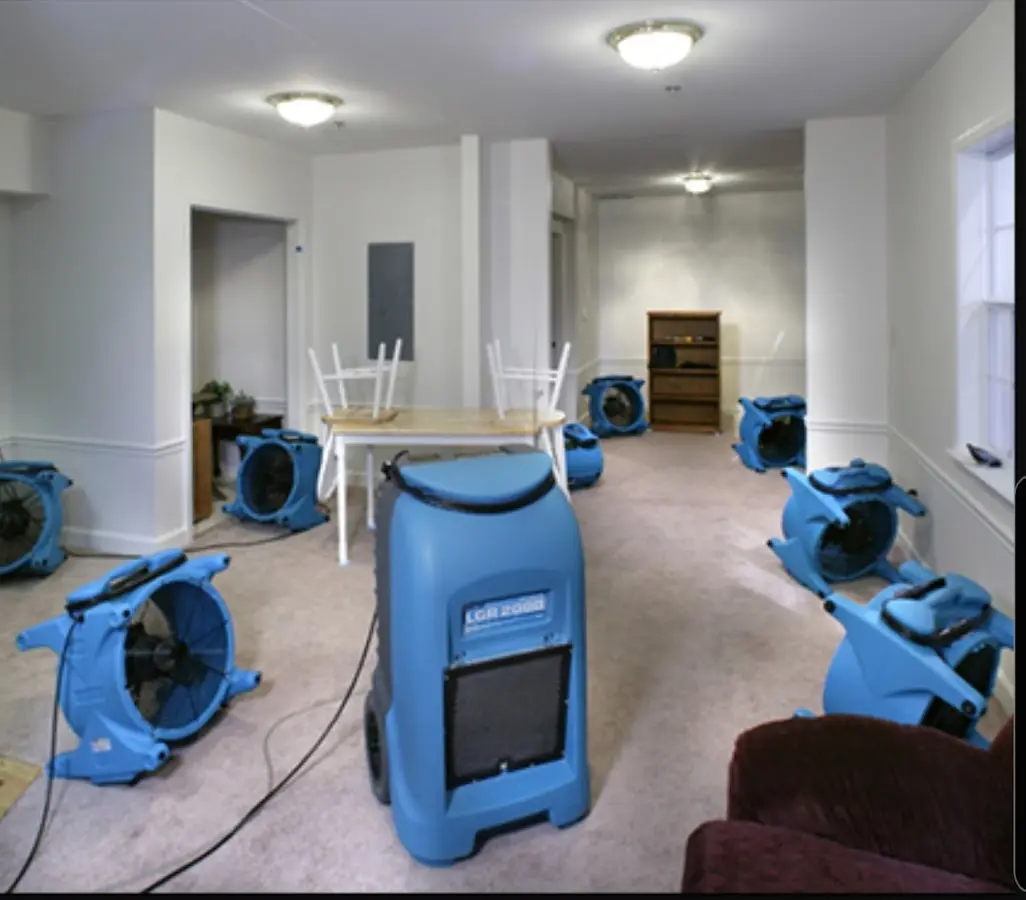 Air movers and dehumidifier setup for Water Damage Restoration in Bainbridge Island